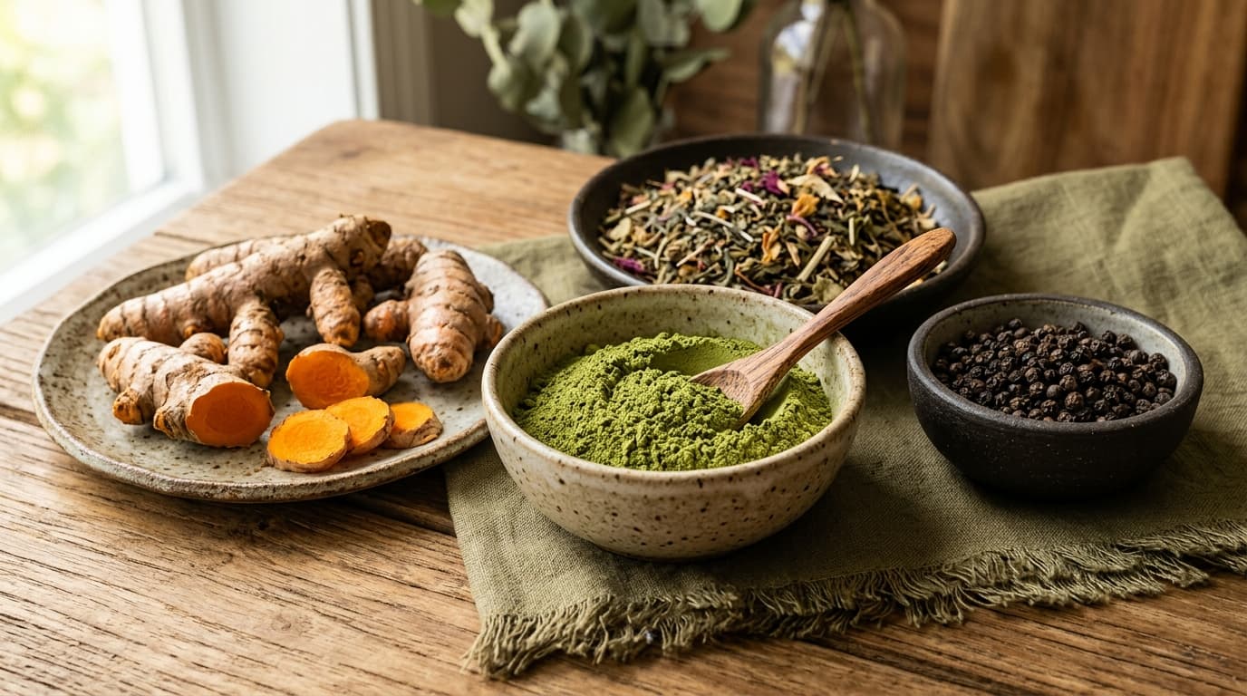Fresh raw turmeric, moringa and herbal wellness